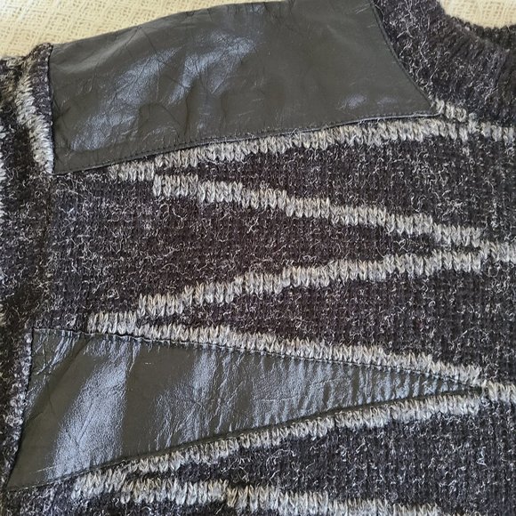 Vintage 80s Black and Grey Wool Blend Sweater with Leather Accents, Size M - Picture 3 of 5